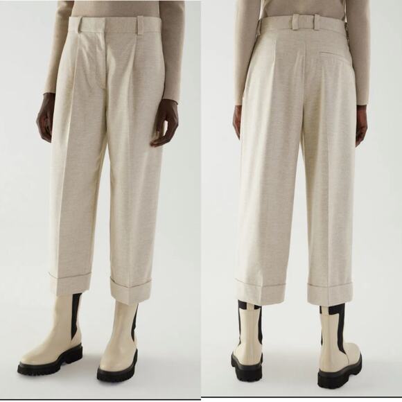 COS Wool Cashmere Wide Leg Cropped Pleated Pants Beige Trousers - Picture 2 of 16